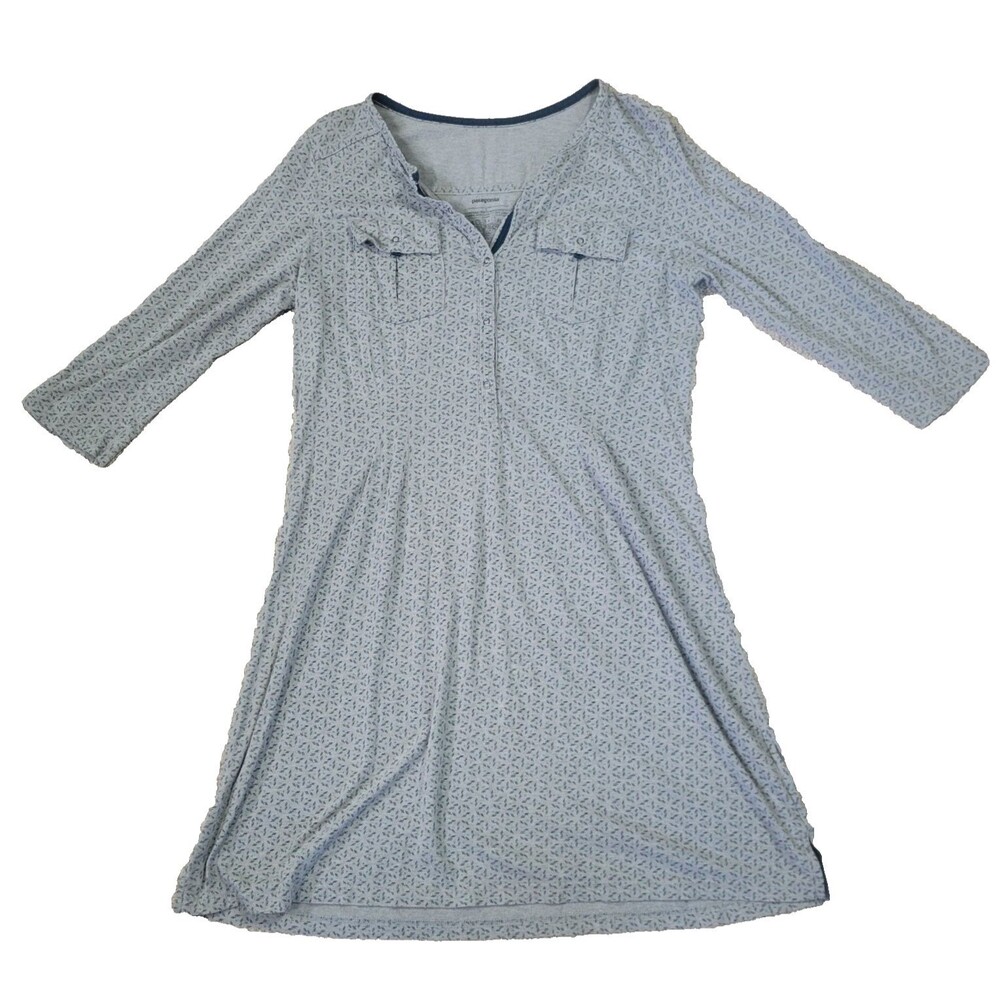 Patagonia Kamala Henley Dress Women Gray Large Organic Cotton Tab Sleeve Outdoor